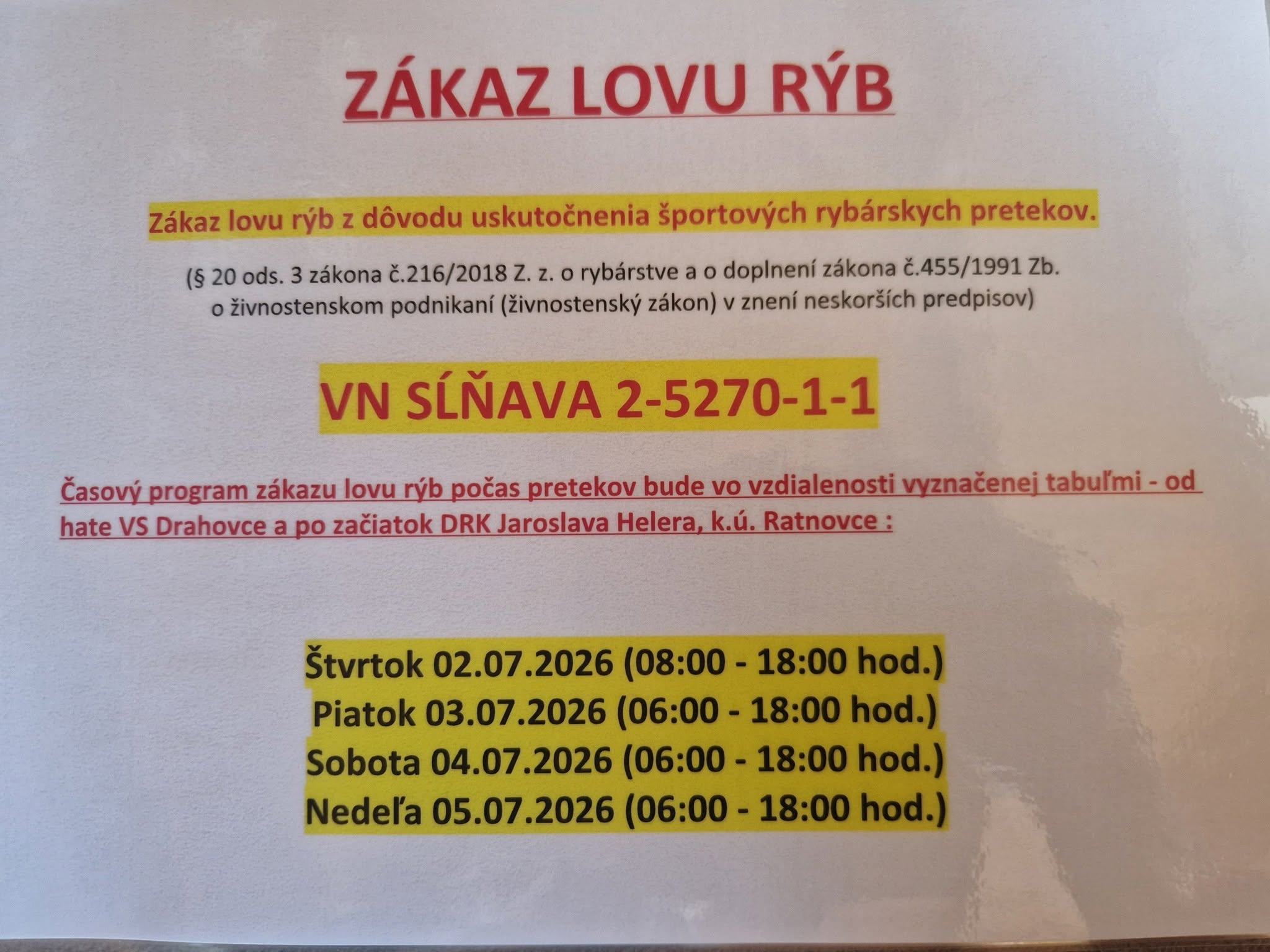 VN Sĺňava - obmedzenie výkon rybárskeho práva 02-07-2026